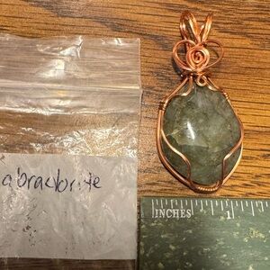 Green Labradorite Pendant With Blue Flash, Jewelers Grade Copper Wire Wrap